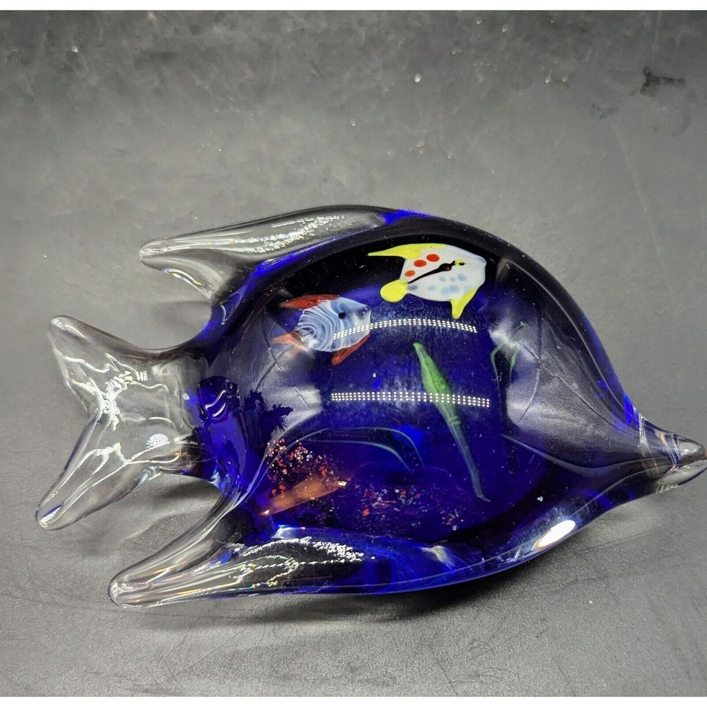 Vintage Handmade Art Glass Blue Fish Paperweight Figurine Aquarium 6.5"